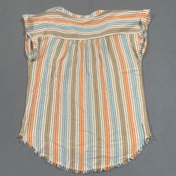 Cato Women's Size M Top Striped V Neck Cap Sleeve Frayed‎ Hem Cotton Blouse - Picture 6 of 6